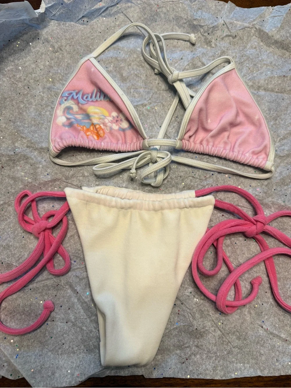 Frankie’s Bikinis Terry Triangle Halter Bikini Top Bottom XS Set Malibu Beach